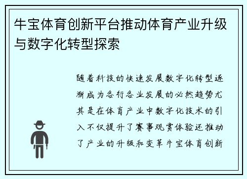 牛宝体育创新平台推动体育产业升级与数字化转型探索