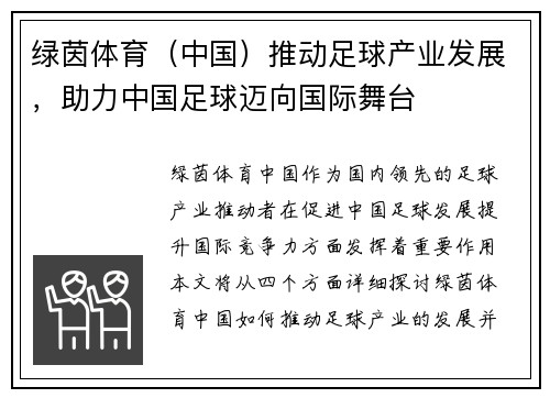 绿茵体育（中国）推动足球产业发展，助力中国足球迈向国际舞台