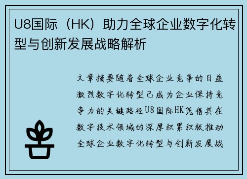 U8国际（HK）助力全球企业数字化转型与创新发展战略解析